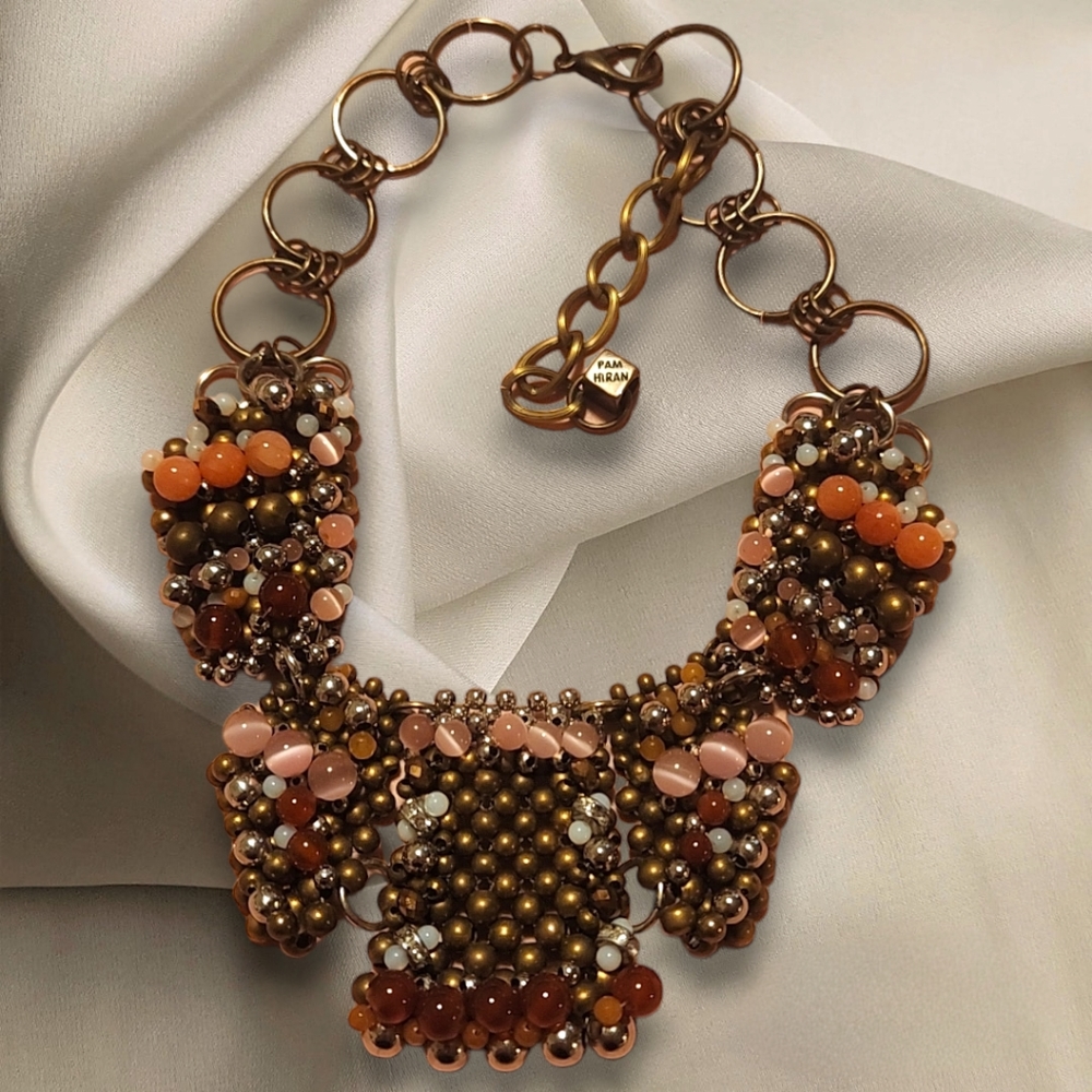 VTG ANTHROPOLOGIE PAM HIRAN ANTIQUED BRASS, CRYSTAL & GLASS STATEMENT NECKLACE